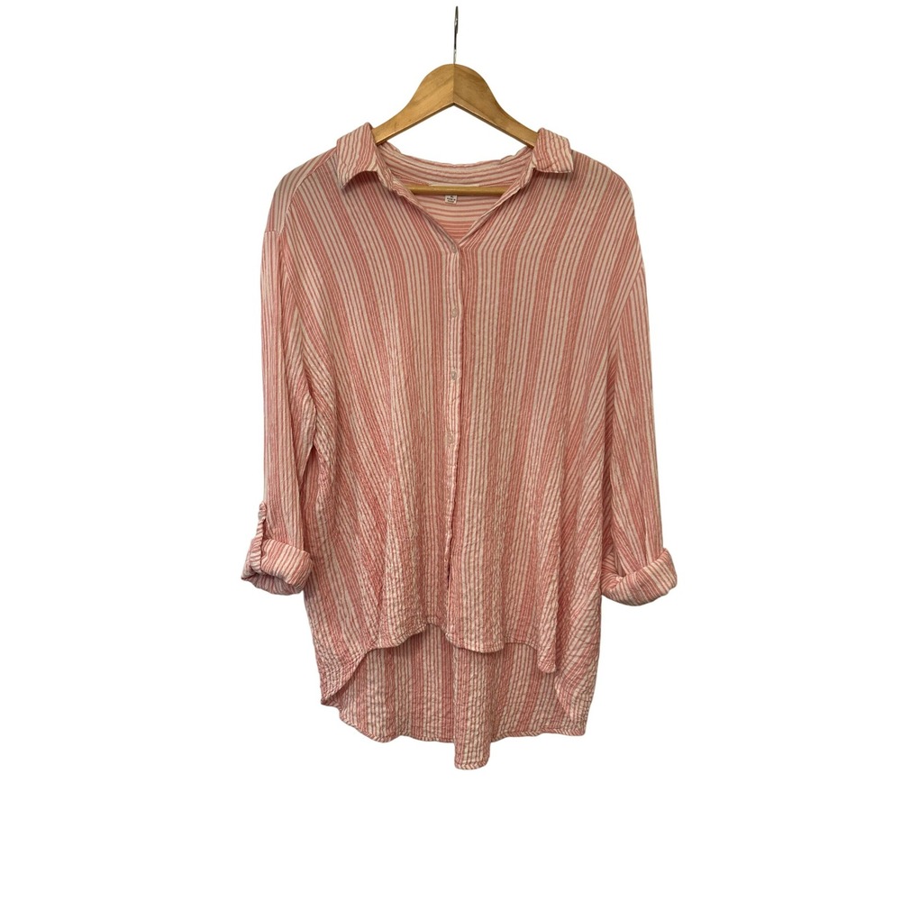 Jane + Delancey Pink White Stripe Crinkle Button Front Shirt XL Roll Tab Sleeves